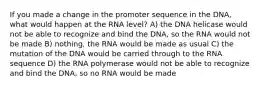 If you made a change in the promoter sequence in the DNA, what would happen at the RNA level? A) the DNA helicase would not be able to recognize and bind the DNA, so the RNA would not be made B) nothing, the RNA would be made as usual C) the mutation of the DNA would be carried through to the RNA sequence D) the RNA polymerase would not be able to recognize and bind the DNA, so no RNA would be made