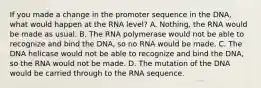 If you made a change in the promoter sequence in the DNA, what would happen at the RNA level? A. Nothing, the RNA would be made as usual. B. The RNA polymerase would not be able to recognize and bind the DNA, so no RNA would be made. C. The DNA helicase would not be able to recognize and bind the DNA, so the RNA would not be made. D. The mutation of the DNA would be carried through to the RNA sequence.