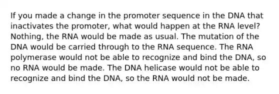 If you made a change in the promoter sequence in the DNA that inactivates the promoter, what would happen at the RNA level? Nothing, the RNA would be made as usual. The mutation of the DNA would be carried through to the RNA sequence. The RNA polymerase would not be able to recognize and bind the DNA, so no RNA would be made. The DNA helicase would not be able to recognize and bind the DNA, so the RNA would not be made.