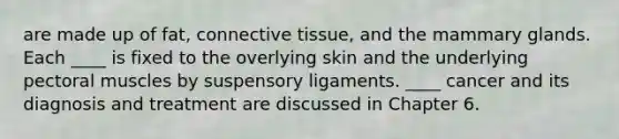 are made up of fat, connective tissue, and the mammary glands. Each ____ is fixed to the overlying skin and the underlying pectoral muscles by suspensory ligaments. ____ cancer and its diagnosis and treatment are discussed in Chapter 6.