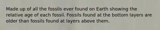 Made up of all the fossils ever found on Earth showing the relative age of each fossil. Fossils found at the bottom layers are older than fossils found at layers above them.