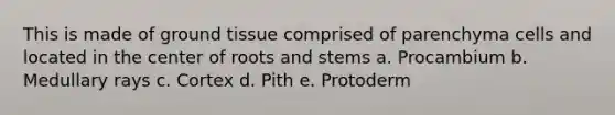 This is made of ground tissue comprised of parenchyma cells and located in the center of roots and stems a. Procambium b. Medullary rays c. Cortex d. Pith e. Protoderm