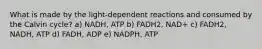 What is made by the light-dependent reactions and consumed by the Calvin cycle? a) NADH, ATP b) FADH2, NAD+ c) FADH2, NADH, ATP d) FADH, ADP e) NADPH, ATP