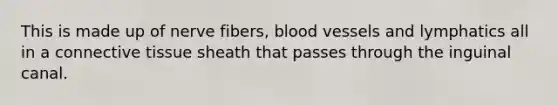 This is made up of nerve fibers, blood vessels and lymphatics all in a connective tissue sheath that passes through the inguinal canal.