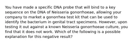 You have made a specific DNA probe that will bind to a key sequence on the DNA of Neisseria gonorrhoeae, allowing your company to market a gonorrhea test kit that can be used to identify the bacterium in genital tract specimens. However, upon testing it out against a known Neisseria gonorrhoeae culture, you find that it does not work. Which of the following is a possible explanation for this negative result?