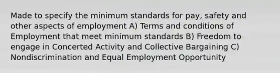 Made to specify the minimum standards for pay, safety and other aspects of employment A) Terms and conditions of Employment that meet minimum standards B) Freedom to engage in Concerted Activity and Collective Bargaining C) Nondiscrimination and Equal Employment Opportunity