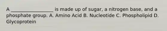 A __________________ is made up of sugar, a nitrogen base, and a phosphate group. A. Amino Acid B. Nucleotide C. Phospholipid D. Glycoprotein