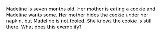 Madeline is seven months old. Her mother is eating a cookie and Madeline wants some. Her mother hides the cookie under her napkin, but Madeline is not fooled. She knows the cookie is still there. What does this exemplify?