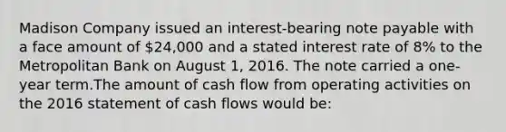 Madison Company issued an interest-bearing note payable with a face amount of 24,000 and a stated interest rate of 8% to the Metropolitan Bank on August 1, 2016. The note carried a one-year term.The amount of cash flow from operating activities on the 2016 statement of cash flows would be: