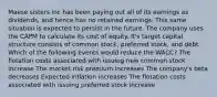 Maese sisters inc has been paying out all of its earnings as dividends, and hence has no retained earnings. This same situation is expected to persist in the future. The company uses the CAPM to calculate its cost of equity. It's target capital structure consists of common stock, preferred stock, and debt. Which of the following events would reduce the WACC? The flotation costs associated with issuing new common stock increase The market risk premium increases The company's beta decreases Expected inflation increases The flotation costs associated with issuing preferred stock increase