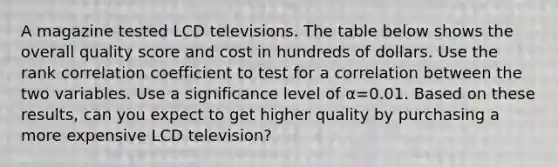 A magazine tested LCD televisions. The table below shows the overall quality score and cost in hundreds of dollars. Use the rank correlation coefficient to test for a correlation between the two variables. Use a significance level of α=0.01. Based on these​ results, can you expect to get higher quality by purchasing a more expensive LCD​ television?