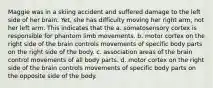 Maggie was in a skiing accident and suffered damage to the left side of her brain. Yet, she has difficulty moving her right arm, not her left arm. This indicates that the a. somatosensory cortex is responsible for phantom limb movements. b. motor cortex on the right side of the brain controls movements of specific body parts on the right side of the body. c. association areas of the brain control movements of all body parts. d. motor cortex on the right side of the brain controls movements of specific body parts on the opposite side of the body.