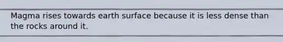 Magma rises towards earth surface because it is less dense than the rocks around it.
