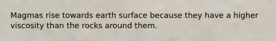 Magmas rise towards earth surface because they have a higher viscosity than the rocks around them.