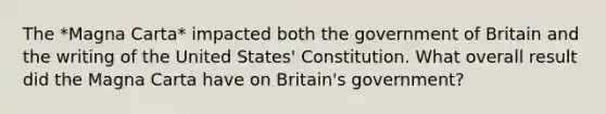 The *Magna Carta* impacted both the government of Britain and the writing of the United States' Constitution. What overall result did the Magna Carta have on Britain's government?