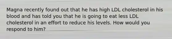 Magna recently found out that he has high LDL cholesterol in his blood and has told you that he is going to eat less LDL cholesterol in an effort to reduce his levels. How would you respond to him?