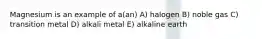 Magnesium is an example of a(an) A) halogen B) noble gas C) transition metal D) alkali metal E) alkaline earth