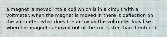 a magnet is moved into a coil which is in a circuit with a voltmeter. when the magnet is moved in there is deflection on the voltmeter. what does the arrow on the voltmeter look like when the magnet is moved out of the coil faster than it entered