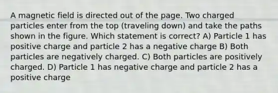 A magnetic field is directed out of the page. Two charged particles enter from the top (traveling down) and take the paths shown in the figure. Which statement is correct? A) Particle 1 has positive charge and particle 2 has a negative charge B) Both particles are negatively charged. C) Both particles are positively charged. D) Particle 1 has negative charge and particle 2 has a positive charge