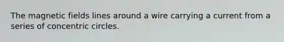 The <a href='https://www.questionai.com/knowledge/kqorUT4tK2-magnetic-fields' class='anchor-knowledge'>magnetic fields</a> lines around a wire carrying a current from a series of <a href='https://www.questionai.com/knowledge/kyLzXa957r-concentric-circles' class='anchor-knowledge'>concentric circles</a>.