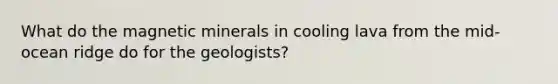 What do the magnetic minerals in cooling lava from the mid-ocean ridge do for the geologists?