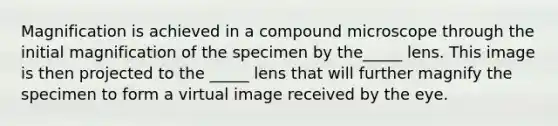 Magnification is achieved in a compound microscope through the initial magnification of the specimen by the_____ lens. This image is then projected to the _____ lens that will further magnify the specimen to form a virtual image received by the eye.