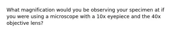 What magnification would you be observing your specimen at if you were using a microscope with a 10x eyepiece and the 40x objective lens?