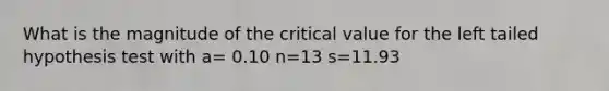 What is the magnitude of the critical value for the left tailed hypothesis test with a= 0.10 n=13 s=11.93