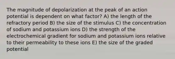 The magnitude of depolarization at the peak of an action potential is dependent on what factor? A) the length of the refractory period B) the size of the stimulus C) the concentration of sodium and potassium ions D) the strength of the electrochemical gradient for sodium and potassium ions relative to their permeability to these ions E) the size of the graded potential