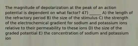 The magnitude of depolarization at the peak of an action potential is dependent on what factor? 47) ______ A) the length of the refractory period B) the size of the stimulus C) the strength of the electrochemical gradient for sodium and potassium ions relative to their permeability to these ions D) the size of the graded potential E) the concentration of sodium and potassium ion