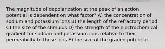 The magnitude of depolarization at the peak of an action potential is dependent on what factor? A) the concentration of sodium and potassium ions B) the length of the refractory period C) the size of the stimulus D) the strength of the electrochemical gradient for sodium and potassium ions relative to their permeability to these ions E) the size of the graded potential