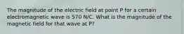 The magnitude of the electric field at point P for a certain electromagnetic wave is 570 N/C. What is the magnitude of the magnetic field for that wave at P?