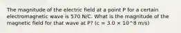 The magnitude of the electric field at a point P for a certain electromagnetic wave is 570 N/C. What is the magnitude of the magnetic field for that wave at P? (c = 3.0 × 10^8 m/s)