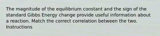 The magnitude of the equilibrium constant and the sign of the standard Gibbs Energy change provide useful information about a reaction. Match the correct correlation between the two. Instructions