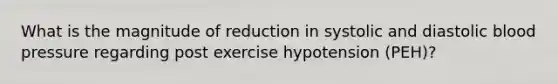 What is the magnitude of reduction in systolic and diastolic blood pressure regarding post exercise hypotension (PEH)?