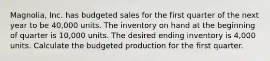 Magnolia, Inc. has budgeted sales for the first quarter of the next year to be​ 40,000 units. The inventory on hand at the beginning of quarter is​ 10,000 units. The desired ending inventory is​ 4,000 units. Calculate the budgeted production for the first quarter.