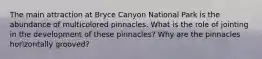 The main attraction at Bryce Canyon National Park is the abundance of multicolored pinnacles. What is the role of jointing in the development of these pinnacles? Why are the pinnacles horizontally grooved?