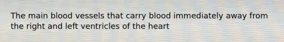 The main blood vessels that carry blood immediately away from the right and left ventricles of the heart