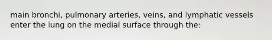 main bronchi, pulmonary arteries, veins, and lymphatic vessels enter the lung on the medial surface through the: