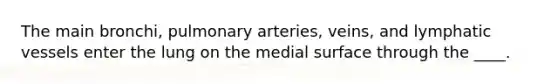 The main bronchi, pulmonary arteries, veins, and lymphatic vessels enter the lung on the medial surface through the ____.