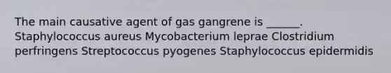 The main causative agent of gas gangrene is ______. Staphylococcus aureus Mycobacterium leprae Clostridium perfringens Streptococcus pyogenes Staphylococcus epidermidis