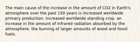 The main cause of the increase in the amount of CO2 in Earth's atmosphere over the past 150 years is increased worldwide primary production. increased worldwide standing crop. an increase in the amount of infrared radiation absorbed by the atmosphere. the burning of larger amounts of wood and fossil fuels.