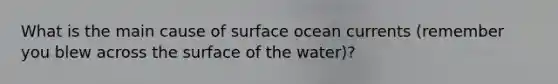 What is the main cause of surface ocean currents (remember you blew across the surface of the water)?