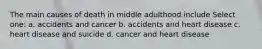 The main causes of death in middle adulthood include Select one: a. accidents and cancer b. accidents and heart disease c. heart disease and suicide d. cancer and heart disease