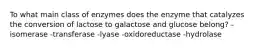 To what main class of enzymes does the enzyme that catalyzes the conversion of lactose to galactose and glucose belong? -isomerase -transferase -lyase -oxidoreductase -hydrolase