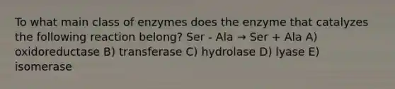 To what main class of enzymes does the enzyme that catalyzes the following reaction belong? Ser - Ala → Ser + Ala A) oxidoreductase B) transferase C) hydrolase D) lyase E) isomerase