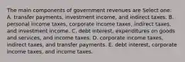 The main components of government revenues are Select one: A. transfer payments, investment income, and indirect taxes. B. personal income taxes, corporate income taxes, indirect taxes, and investment income. C. debt interest, expenditures on goods and services, and income taxes. D. corporate income taxes, indirect taxes, and transfer payments. E. debt interest, corporate income taxes, and income taxes.