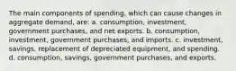 The main components of spending, which can cause changes in aggregate demand, are: a. consumption, investment, government purchases, and net exports. b. consumption, investment, government purchases, and imports. c. investment, savings, replacement of depreciated equipment, and spending. d. consumption, savings, government purchases, and exports.