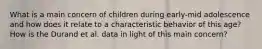 What is a main concern of children during early-mid adolescence and how does it relate to a characteristic behavior of this age? How is the Durand et al. data in light of this main concern?