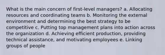 What is the main concern of first-level managers? a. Allocating resources and coordinating teams b. Monitoring the external environment and determining the best strategy to be competitive c. Putting top management plans into action across the organization d. Achieving efficient production, providing technical assistance, and motivating employees e. Linking groups of people